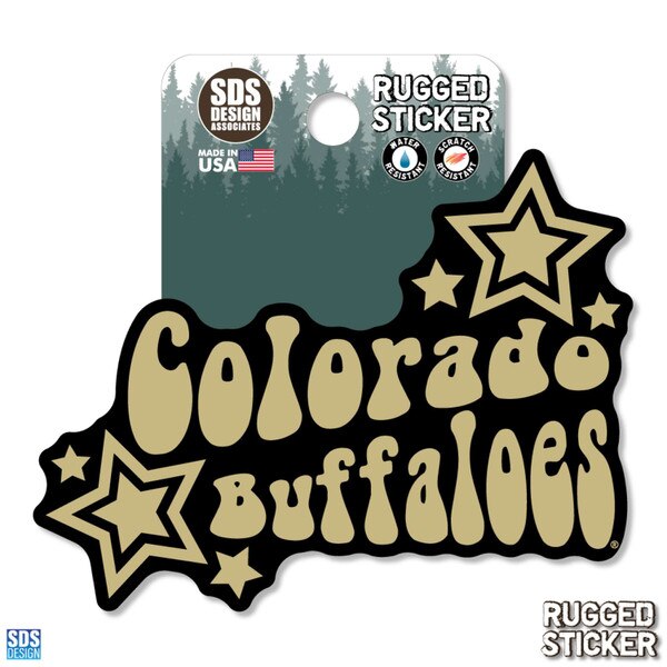 Rugged sticker with the words “Colorado Buffaloes” in gold bubble letters surrounded by gold stars on a black background.